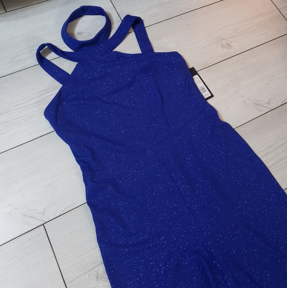 Bebe High Neck Sparkling Jumpsuit Cobalt Blue - Picture 6 of 9